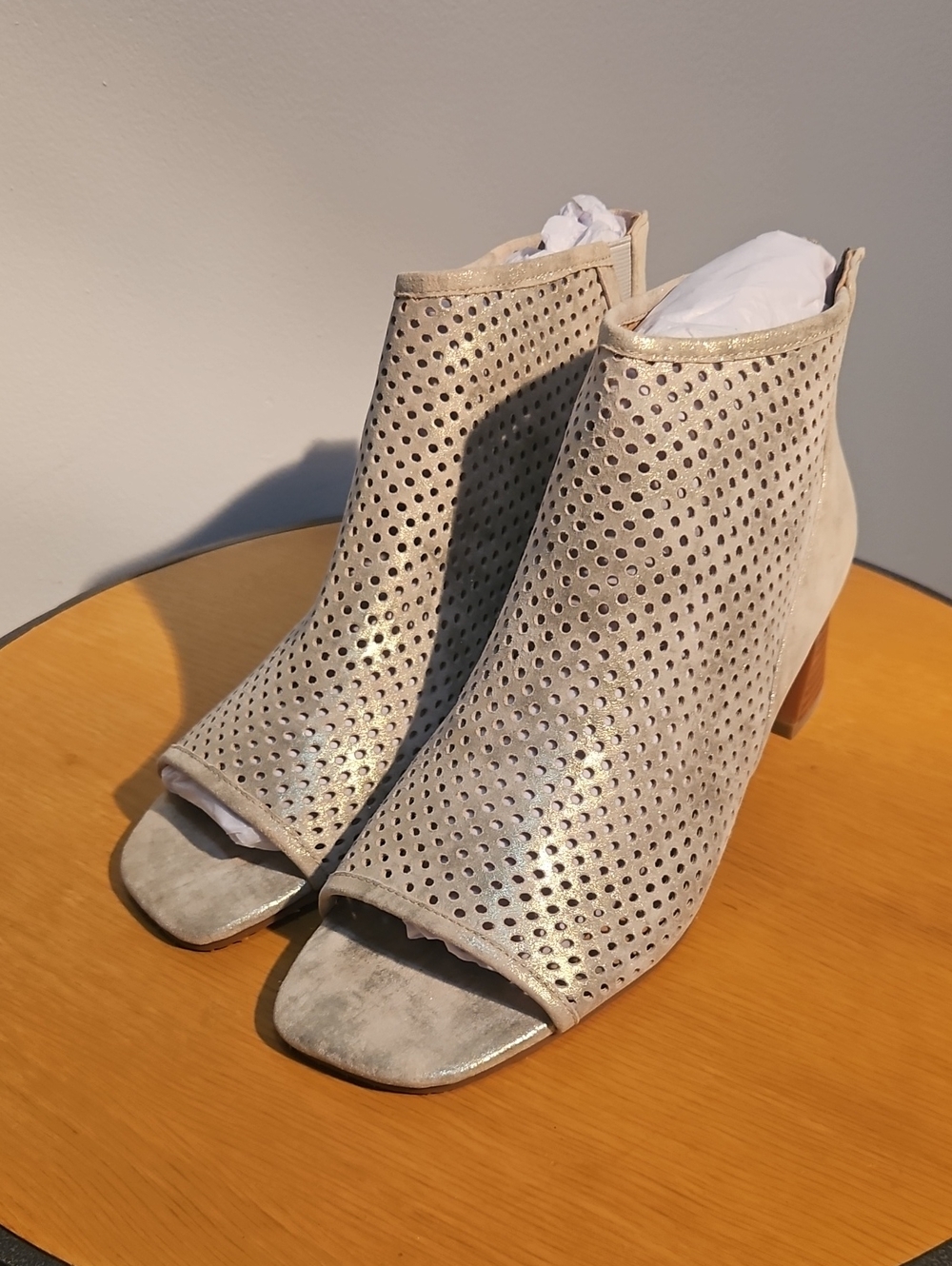 NYDJ Metallic Open-Toe Perforated Ankle Booties — Silver Beige